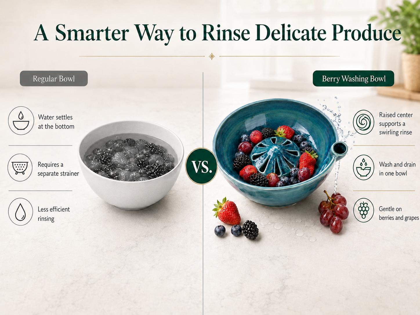 wowsome Self-Spinning Berry Washing Bowl,Glazed Ceramic Berry Bowl with Raised Center and Drainage Holes,Fruit Rinse Colander for Strawberries,Blueberries,Grapes,Cherry Tomatoes and Small Produce