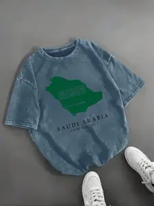 Saudi Map Print Round Neck T-Shirt, Vintage Worn Design, Casual Fitted Style, Trendy Streetwear, Unisex Fashion Top