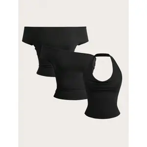 country concert outfits Women's Black Off-the-Shoulder Slim Fit Crop Top - Casual Knitted Fabric Short Sleeve Summer Wear