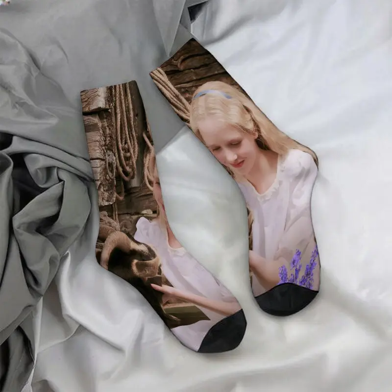 Blonde girl interacting with goats, mid-calf socks, casual, soft, comfortable, a must-have for autumn and winter.