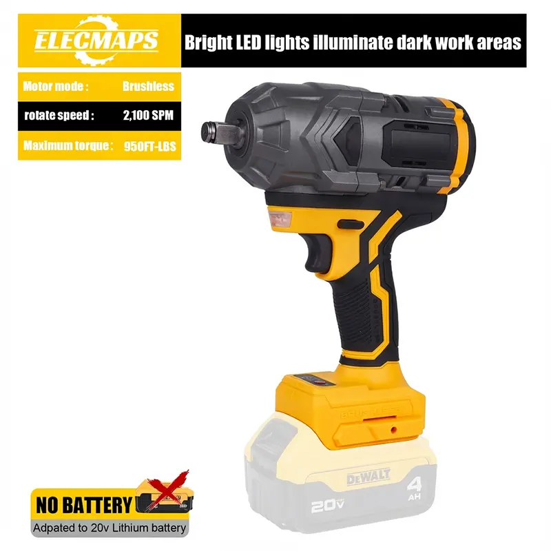 Cordless Impact Wrench 950 ft-lbs, 1/2-inch Brushless Electric High Torque Wrench for Auto Repair and Construction, Compatible with Dewalt 20V Battery