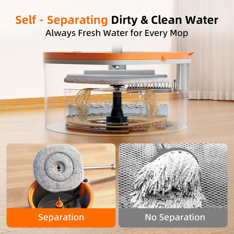 Mop and bucket set, convenient for cleaning corners, rotating mop with dirty water self separation system, including 4 replacement mop heads, household self-cleaning mop and bucket system, equipped with mop scraper for floor cleaning