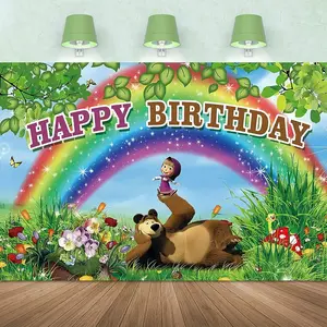 Masha and the Bear Rainbow Garden "Happy Birthday" Backdrop Banner for Kids' Party Decor Vibrant Colors Lightweight Photo Prop Ideal for Gifts Holiday Celebrations Decoration Ornaments White