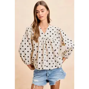 BiBi Polka Dot Corduroy Quarter Sleeves V Neck Blouse
