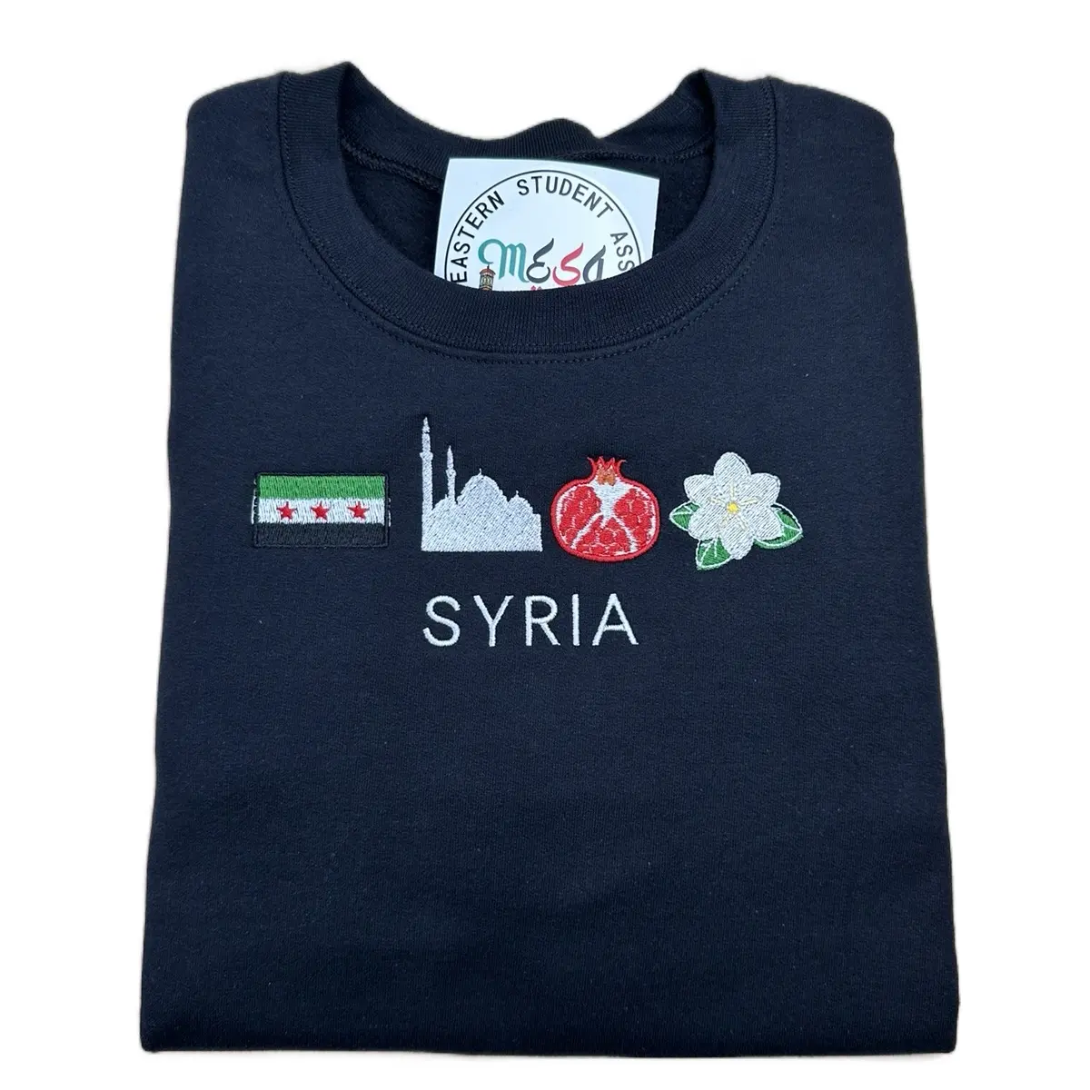 Syria Embroidered Crewneck | Syria 4 icons sweater | flag, Umayyad Mosque, pomegranate, Jasmine flower