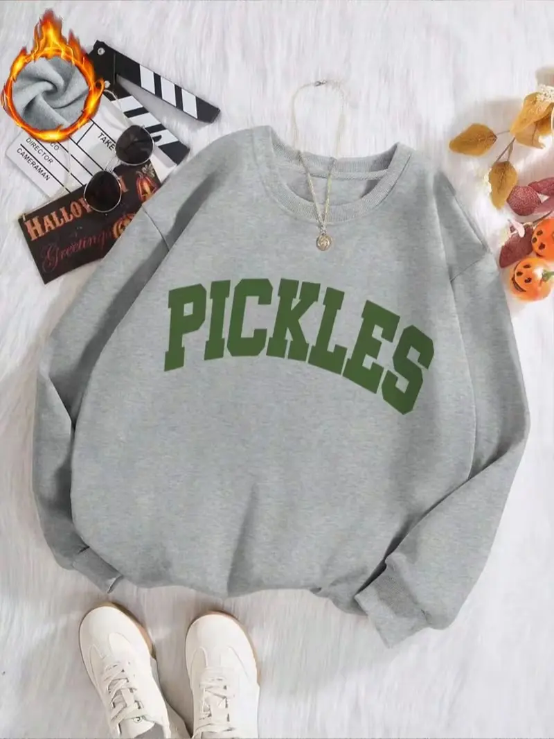 Pickles Varsity Arc Letter Print Fleece Crewneck Sweatshirt, Funny Food Theme Pullover, Daily Holiday Gift