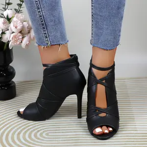 Women's Ankle Booties Peep Toe Stiletto High Heels Sandals Sexy Strappy Open Toe Girl Fashion Comfortable Short Boots Heeled Ballroom Dance Footwear Casual Dress Shoes with Back Zipper for Party Wedding Evening Prom Nightclub