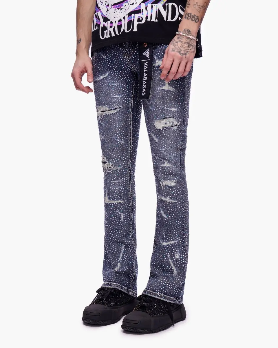 Men's Stacked Dark Blue Wash Denim Pants, Menswear Streetwear Jet-Style Bottoms