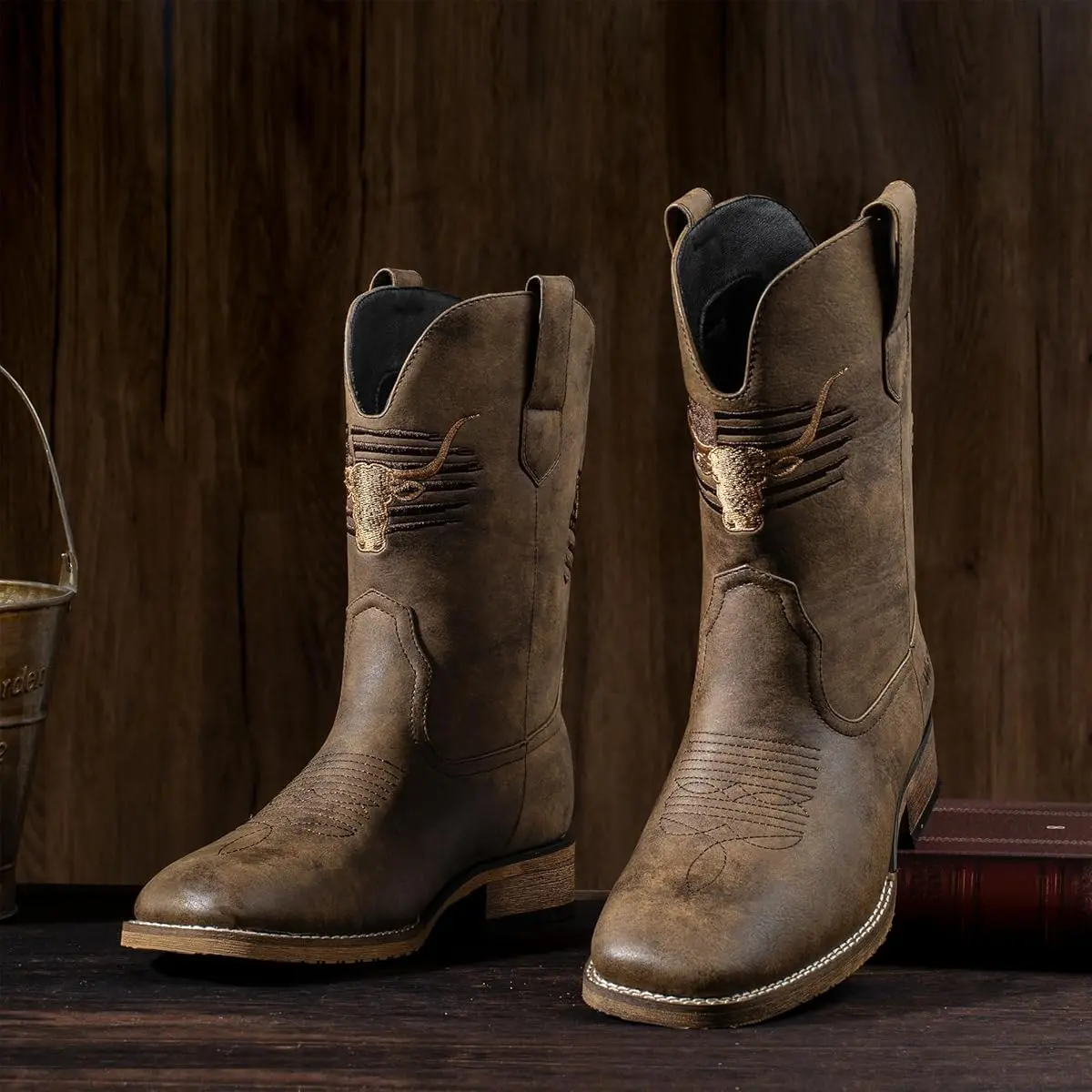 Men's Western Cowboy Boots - Square Toe Classic Patriot Boots with Real Leather/Vegan Leather, Non-Slip Country Boots, Chunky Heel Short Boots for Spring & Fall, Pull-On Square Toe Work & Casual Boots  Pull-On Square Toe Work & Casual Boots