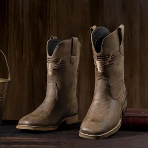 Men's WMen's Western Cowboy Boots - Square Toe Classic Patriot Boots with Real Leather/Vegan Leather, Non-Slip Country Boots, Chunky Heel Short Boots for Spring & Fall, Pull-On Square Toe Work & Casual Boots  Pull-On Square Toe Work & Casual Boots