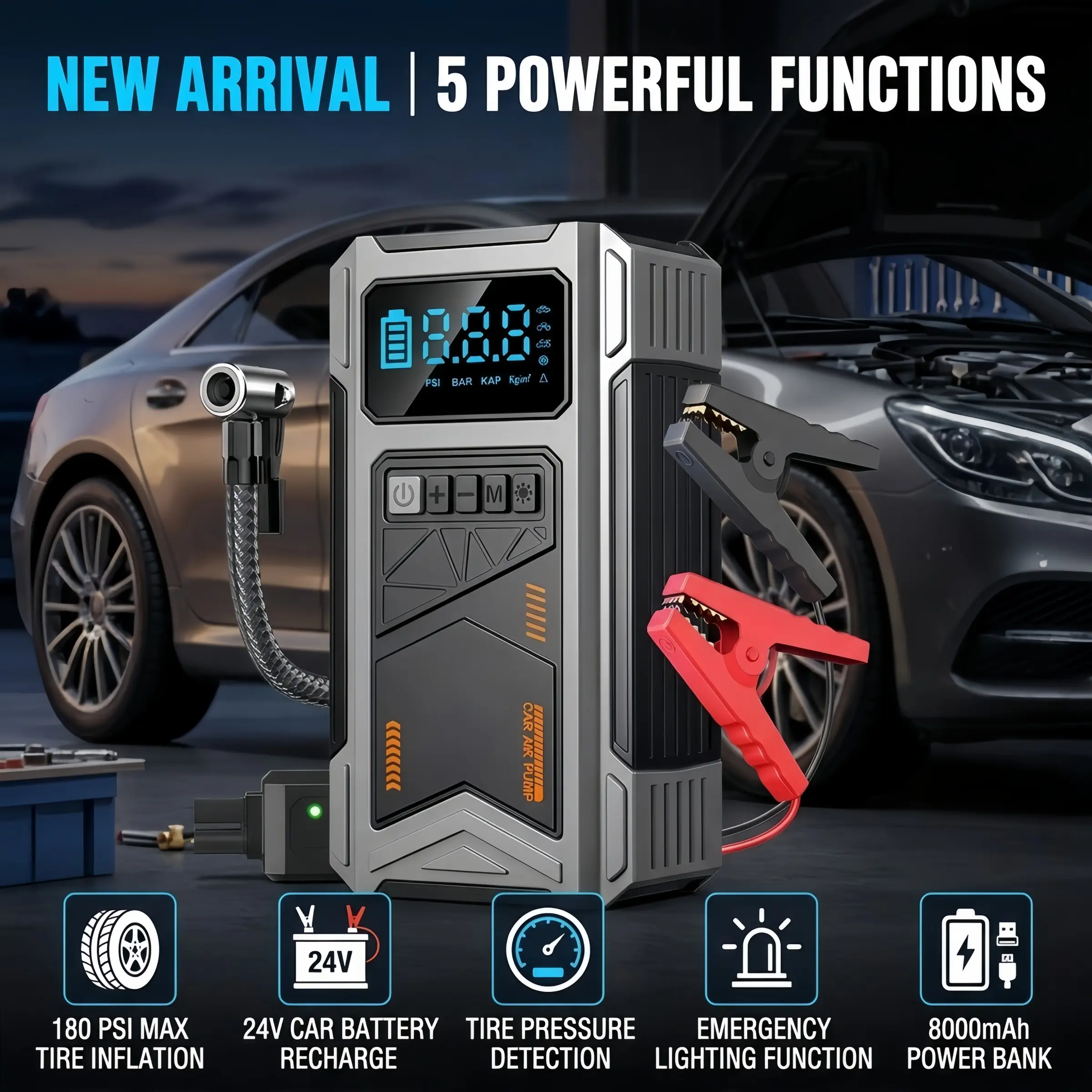 Wireless Multi-Function Car Repair Tool, 180psi Compressor, 8000a Emergency Starter, 8000mah Battery Pack, Tire Inflation, Battery Charging, Wireless Tire Inflator