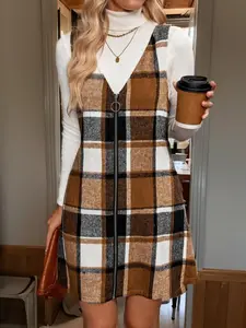 Women's Fashion V Neck Zipper Plaid Vest Dress, Spring Autumn Winter Outerwear, Casual Fitted Sleeveless Long Dress, Ladies Clothing, Piece
