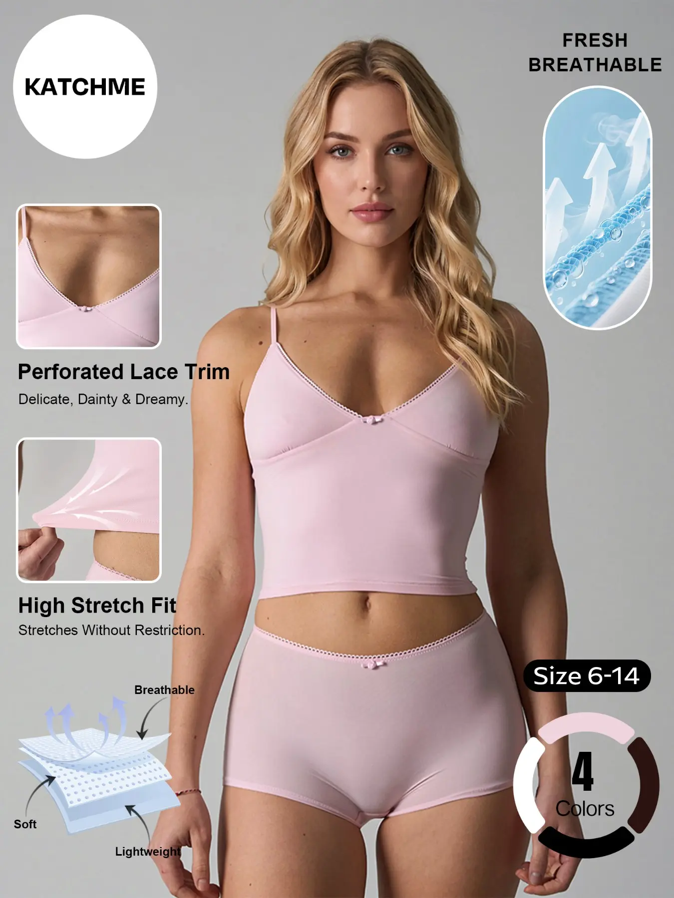 Women's Solid Color Feminine Elegant Minimalist Adjustable Thin Strap Perforated Lace Trim Camisole & Shorts Co-ord, Summer Soft Smooth Breathable Sweat-Wicking Two Piece Sets, Lingerie Underwear
