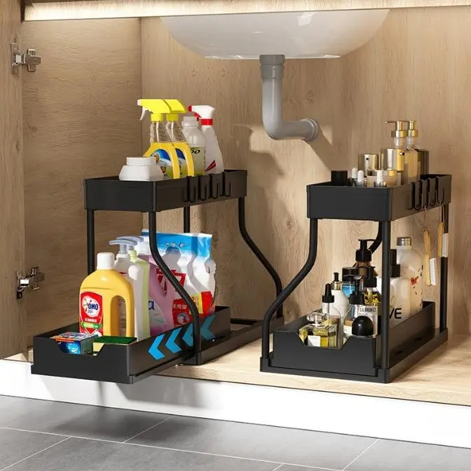 Under-Sink Organizer (1-Pack), Bathroom Cabinet Organizer, 2-Tier Sliding Cabinet Basket Organizer, Multi-Purpose Bathroom Storage Baskets (Black) multifunctional rack