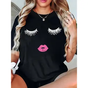 Women's Black T-Shirt with White Eyelashes & Pink Lips Print, Casual Daily Party Top for Ladies Teens, Cute Fashion Graphic Tee for Summer Everyday Wear