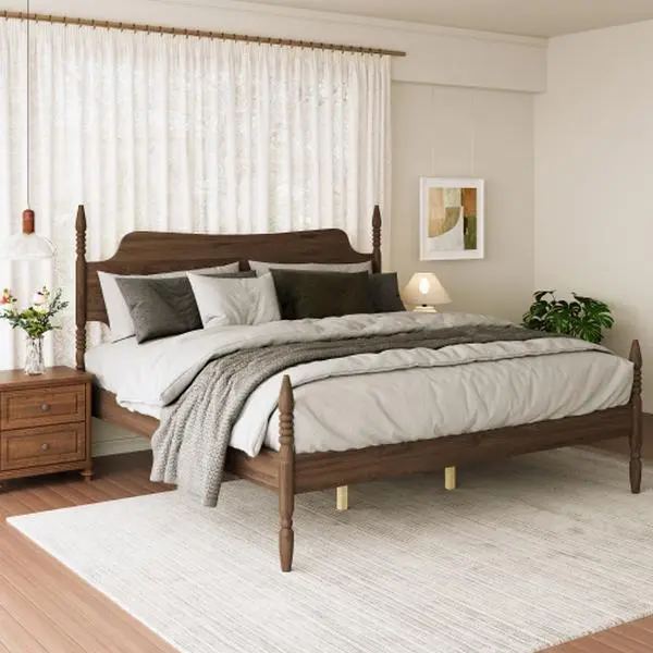 King Size Retro Spindle 4-Poster Platform Bed Frame with Curved Tall Headboard, Solid Rubber Wood Legs, 800 LBS Capacity, No Box Spring Needed, Walnut Finish, Curved Bed Frames