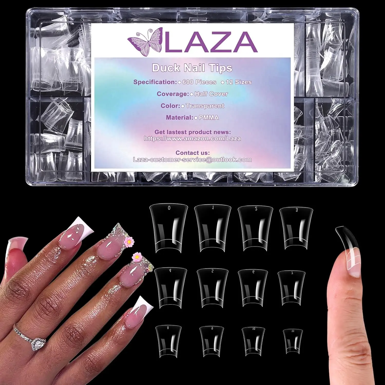 600pcs Short Duck Nail Tips 12 Sizes Box-packed Clear Duck Nails Half Cover Wide Nail Tips French False Nail Tips for Acrylic Nails Extension Tips — 22MM | Nail Tips Half Cover Fan Wide French False Nail Tips for Extension Nails
