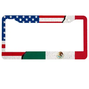 American Mexican Flag Stainless Steel - Round-Hole License Plate Frame | Alumina, Funny, 2-Hole, 12 x 6 Inch | Car Accessories Number Plates