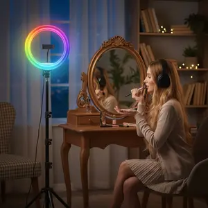 10" Ring Lights with 63" Tripod and Phone Holder,Selfie Ring Light with Various RGB Color Modes,Circle Lighting 3-in-1 Desk & Floor Use for iPhone, Zoom Call, YouTube, Live Streaming