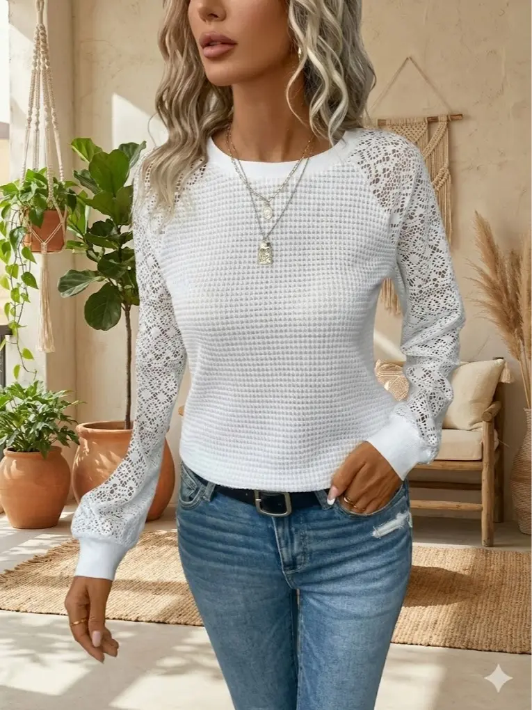 Women's Comfortable Lace Blouse - Long-Sleeve Round-Neck Pullover Shirts with Elegant Contrast Lace Raglan Sleeves, Medium Length Striped Tops for Ladies' Daily, Weekend Wear