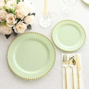 10-Pack Plastic Round Dinner Plates 10" Sage Green with Gold Beaded Rim - Disposable Party Plates