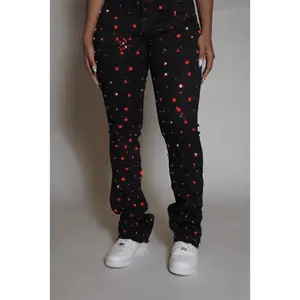 Sareka Black/Red Rhinestone Stacked Flare Jean