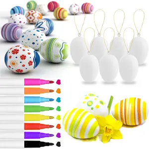 50 Pcs White Plastic Easter Eggs with 8 Paint Pens, DIY Paintable Hanging Egg Ornaments for Adult Crafts, Easter Décor, Art Projects & Creative Design