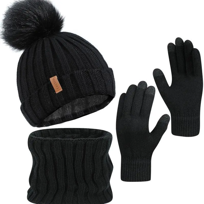 Unisex 3-Piece Winter Knit Set - Thermal Fleece Beanie Hat, Long Scarf & Touchscreen Gloves | Warm Co-ord Set for Adults