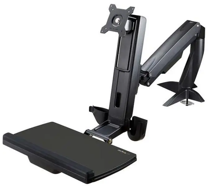 Startech ST-ARMSTSCP1 Adjustable Monitor Arm & Laptop Stand-Tray, Desk Clamp/Tabletop Install, 1-Column Flat Base, 100x100 mm VESA, 17.7 Inches Sit-Stand Height, 4.9 In Cable Management, Ample Working Space, Max 24" Display Support, Computer Accessory