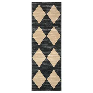 2 x 6 ft Polyester Black/Taupe Rectangular Laundry Bathroom Kitchen Modern Geometric Diamond Print Machine Washable Runner Rug-A