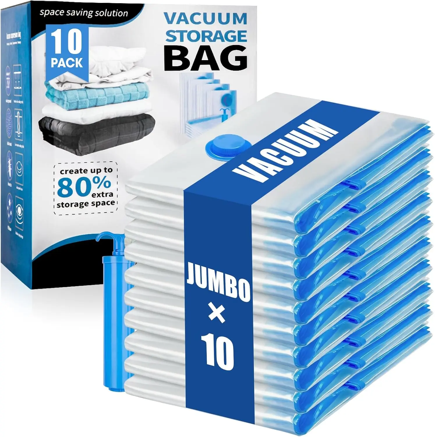 Jumbo Vacuum Storage Bags (10 Pack with Hand Pump) - Extra Large Compression Bags for Clothes, Bedding, Comforters - Space-Saving Home Organization & Travel Solution Cover Lightweight Room Turbo Wedding
