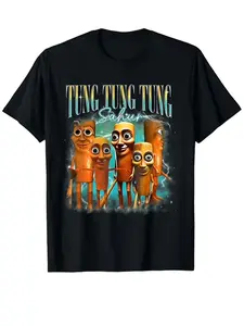 Tung Tung Tung Cartoon Pattern Round Neck T-Shirt, Fun Cute Print Design, Comfortable Soft Cotton Fabric, Casual Fitted Long Sleeve Tee Top for Home, Party, Streetwear, Everyday