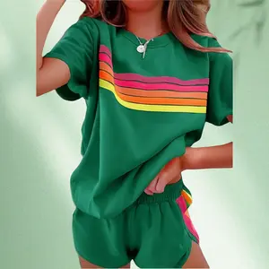Women's Retro Rainbow Stripe Matching Co-ords - Premium Cotton Blend Short Sleeve Tee and High-Waisted Shorts Two-Piece Set - Chic Sportif Aesthetic Lounge Outfit for Summer