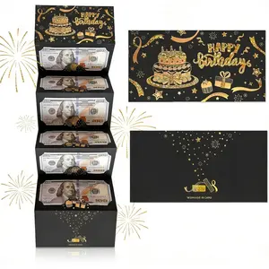 Happy Birthday Money Holder for Cash Gift, Black Gold Glitter Birthday Money Card with 6 Cash Pockets, Creative Surprise Birthday Cash Envelope Gift for Men Women Kids Teens Birthday Party