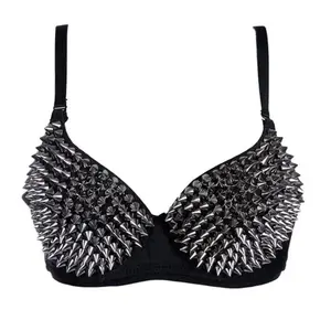 Silver Gothic Bra Top Rivet Rave Bralette Lingerie Sexy Push Up Punk Rock All-over Metallic Studded Spike Bras Nightclub Wear