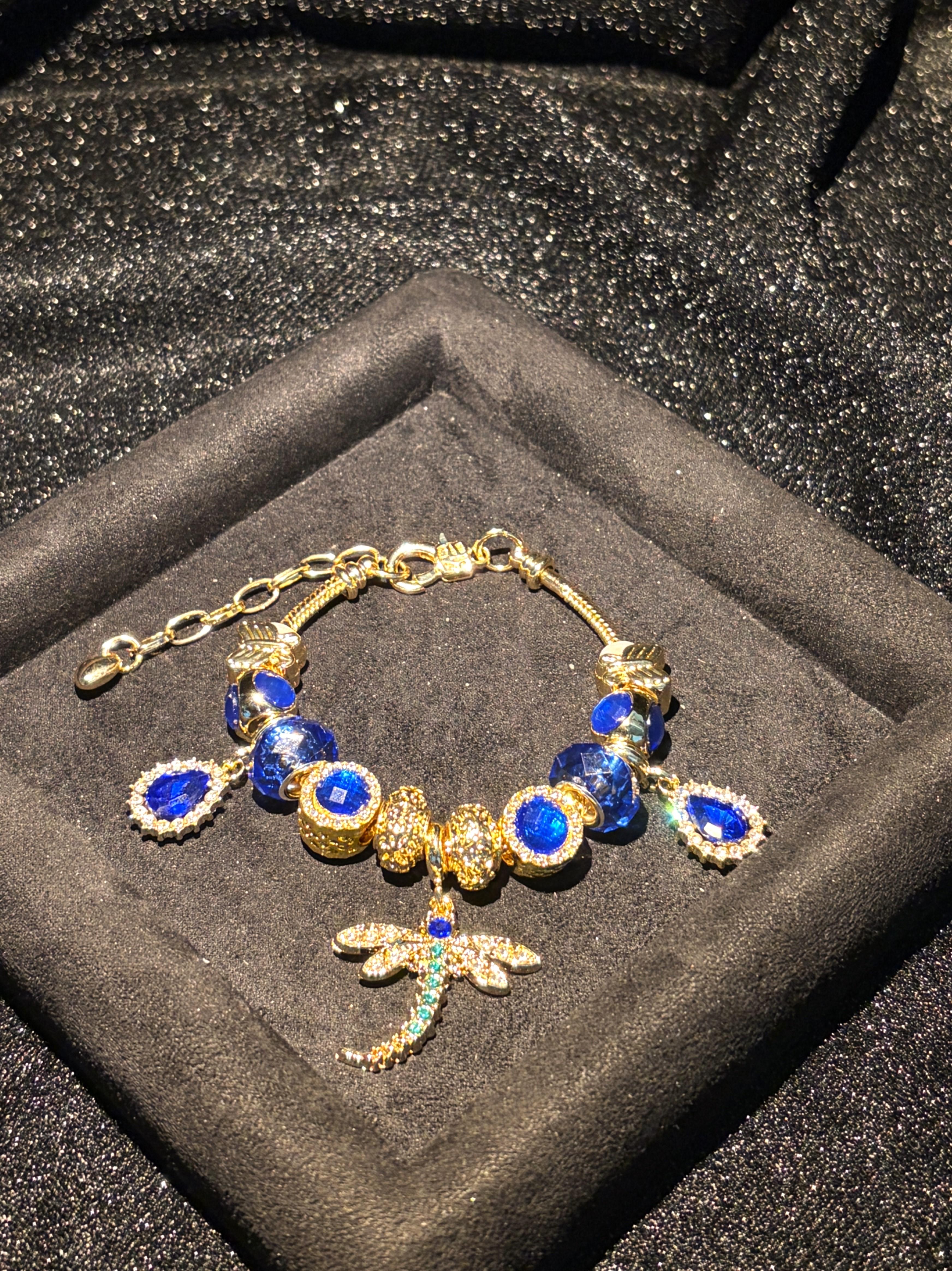 Women's Gold Tone Charm Bracelet, Sparkling Blue Bead & Dragonfly Rhinestone Charms Bangle for Daily Party Wear