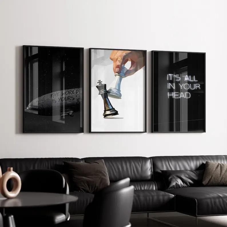 The World Is Yours Wall Art Set of 3, Chess Strategy Poster, It's All In Your Head Print, Motivational Mindset Decor