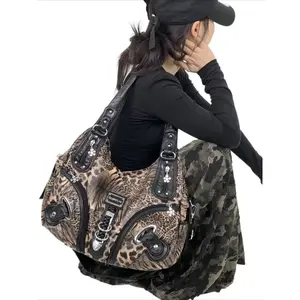 Ladies' fashionable retro Y2K spicy girl handbag, large capacity, multiple pockets, leopard print punk diagonal cross bag, washed and vegan bag, Fashionable Crossbody Bag, suitable for vacation, shopping, work, holiday gifts