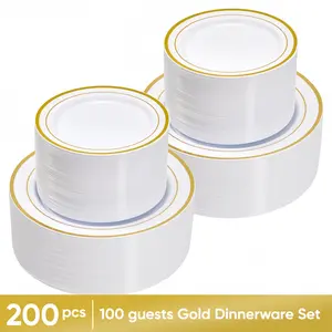 100-200PCS,Minimalist style household plastic cutlery set,Dinner Plate, Dessert Plate, Cereal Bowl, Cup, Unbreakable Plastic, golden silver - Tableware