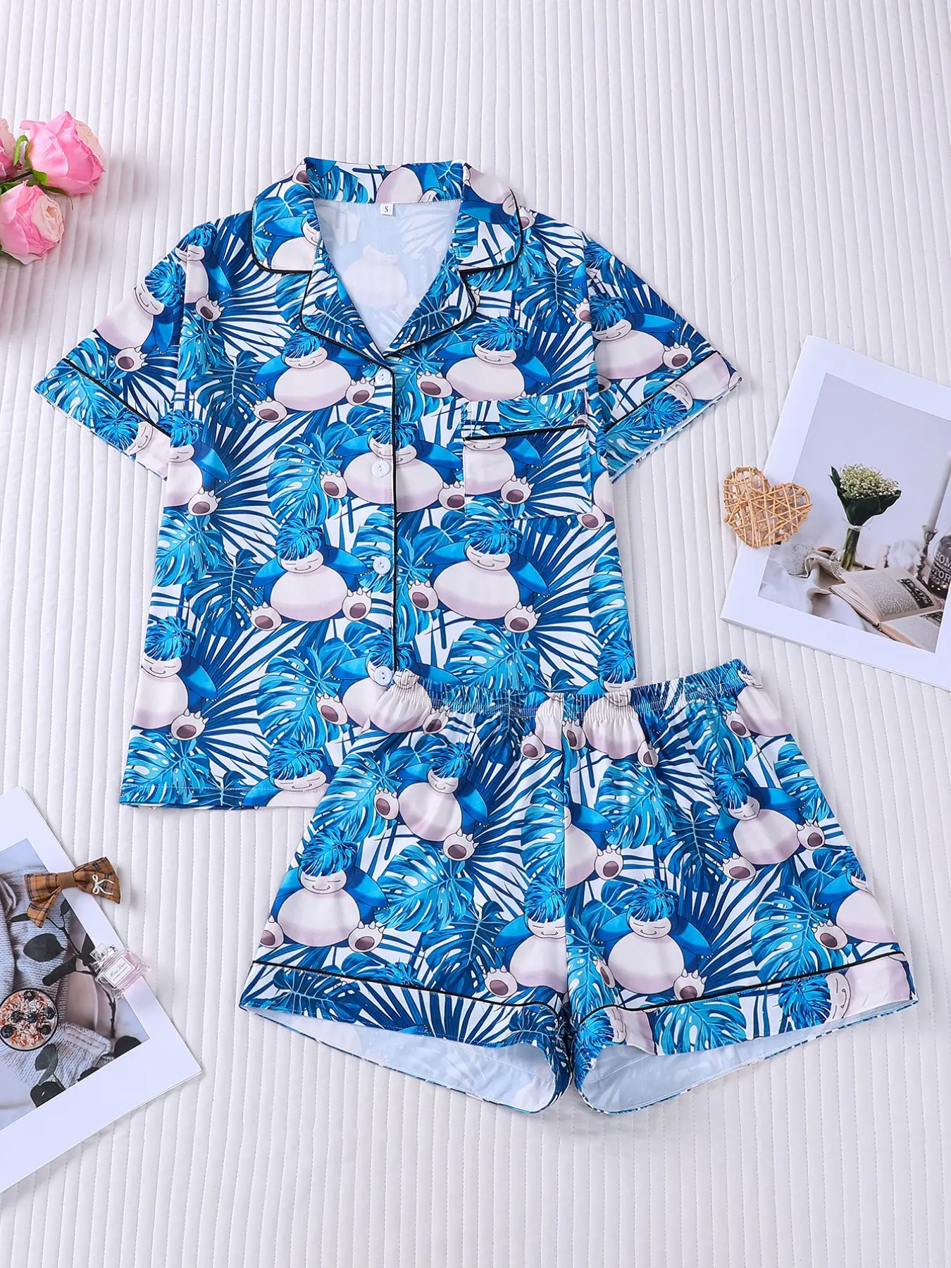 Snorlax Tropical Palm Leaf All-Over Print 2-Piece Pajama Set for Women, Blue & White Lapel Short Sleeve Top with Pocket & Elastic Waist Shorts, Soft Comfortable All-Season Casual Daily Loungewear Sleepwear, Matching Pajamas Set, Pajama Loungewear Pjs