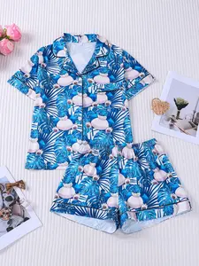 Snorlax Tropical Palm Leaf All-Over Print 2-Piece Pajama Set for Women, Blue & White Lapel Short Sleeve Top with Pocket & Elastic Waist Shorts, Soft Comfortable All-Season Casual Daily Loungewear Sleepwear, Matching Pajamas Set