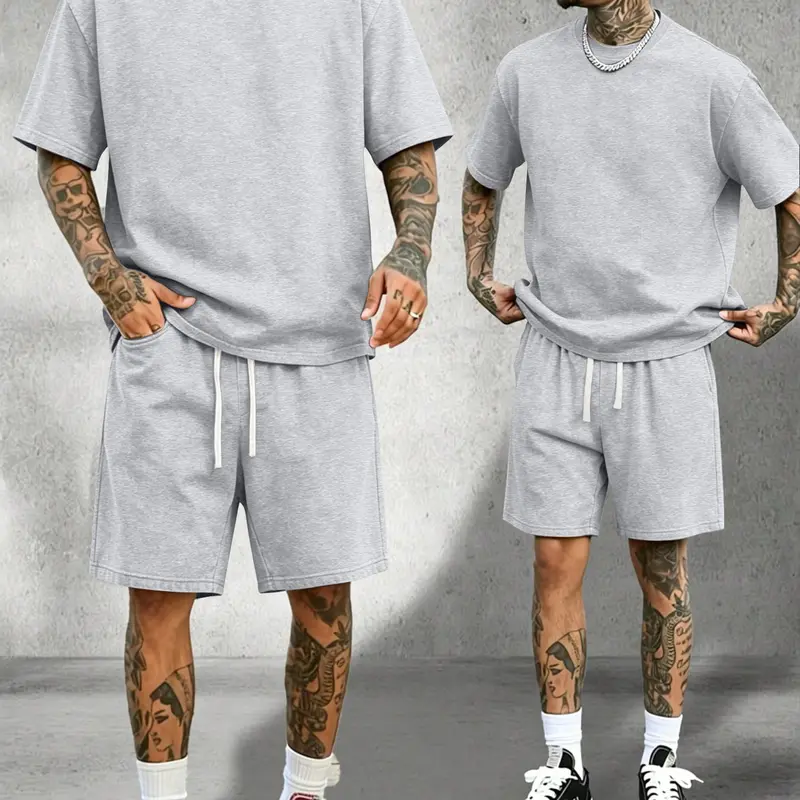 Men’s summer cotton short-sleeve T-shirt casual sports set—fashionable for vacations, camping, and outdoor activities; top with pockets and pants with an elastic waistband and drawstring; 2-piece set, a great gift for husband or boyfriend Basic Classic