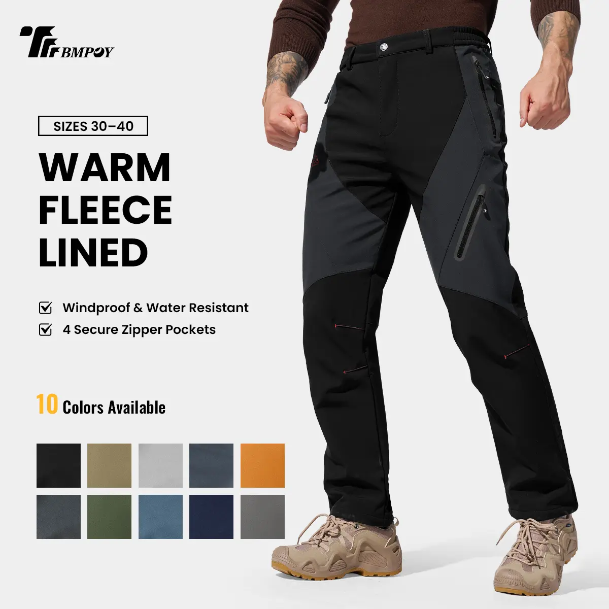 TBMPOY Men's Tech Fleece Lined Waterproof Softshell Snow Pants, Jogger Sports Fitness Outdoor Insulated Pants with Zipper Pockets for Skiing, Hiking, Climbing (Father's Day Gift)