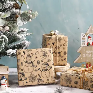 RUSPEPA Kraft Christmas Wrapping Paper Roll - Mini Roll - Black Snowman Design for Holiday Gift Wrap - 17 Inches X 32.8 Feet