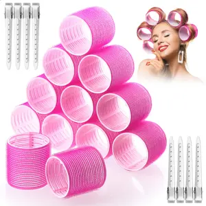 Jumbo Hair Curlers Rollers Set 12Pcs 60mm Self Grip Holding Rollers with 12Pcs Hair Clips for Long Straight Thick Hair Rose Red
