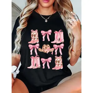 100% Cotton Western Pink Coquette Cowgirl Boots & Bows Western Aesthetic T-Shirt