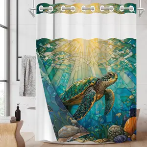 1PC Double Layer Shower Curtain, No Hooks, Stained Glass Sea Turtle Print Waterproof Fabric, Artistic Ocean Bathroom Decor, Calming Whimsical Aesthetic, Hotel Bathroom Accessory, Detachable Buckle Shower Curtain and Liner, Bathroom Room Divider