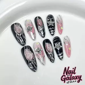 Black & Pink Party Handmade Press On Nails | Acrylic Full Stick with 3D Stars, Chrome Flames & Glitter | 10pcs Long - Lasting Reusable Tips - NailGalaxy
