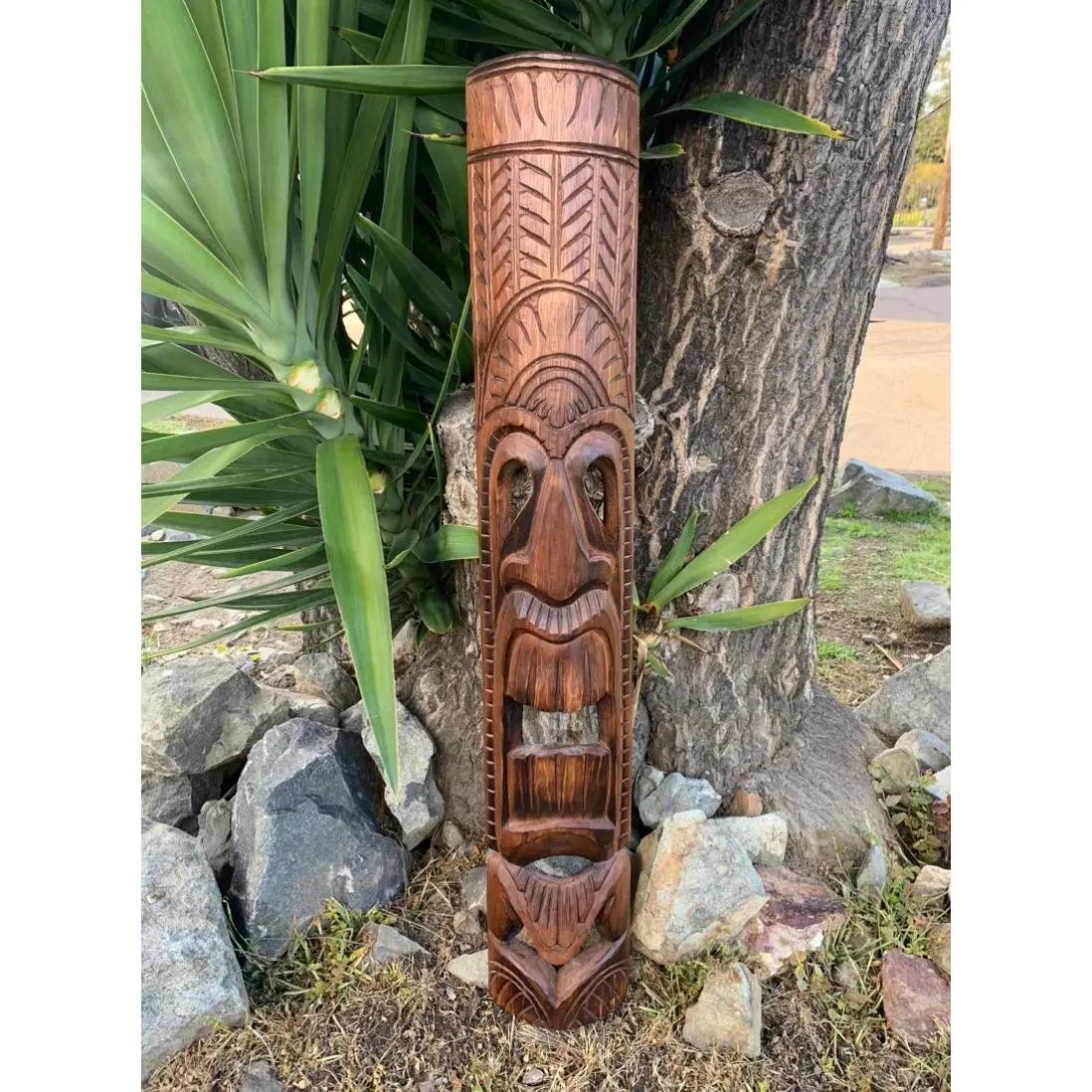 Hand Carved Hawaiian Style Ku God Tiki Totem Wooden Mask 39"x 6"in