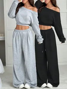 Women's Casual Two-Piece Set, Plain Long Pants Sweatshirt, One-Shoulder Loose Knit Top, Spring & Fall Fashion
